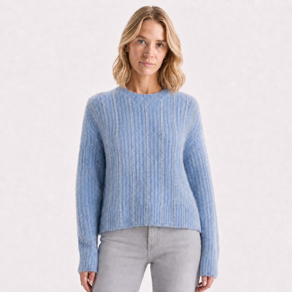 Nine West Chain Shine Light Blue Sparkly Rhinestone Crewneck Sweater Medium NWT